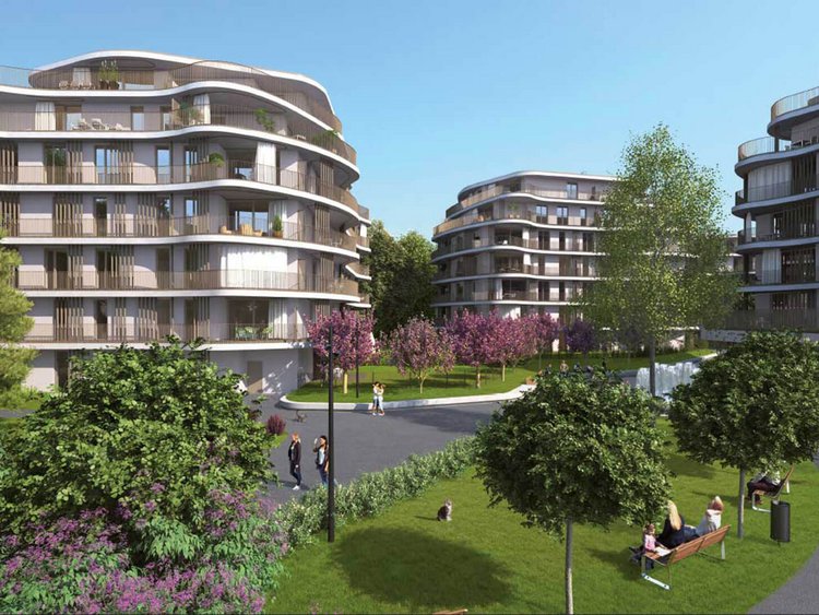 Visualisation: three buildings with balconies and curved facing elements in the midst of a park landscape enlivened by people